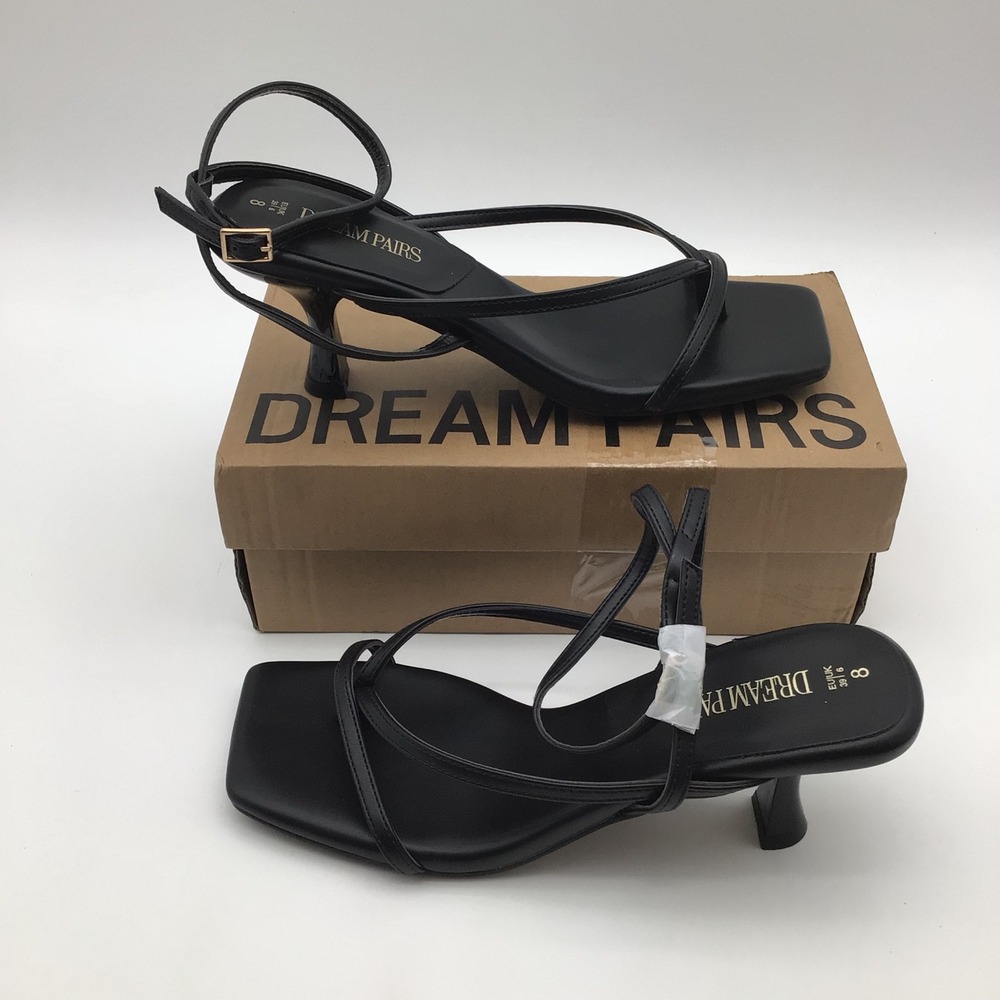 Dream Pairs Womens Black Strappy Square Toe Kitten Heel Sandals Size 8 NEW